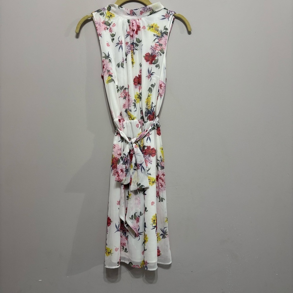 New York & Company Floral Midi Dress White Pink Yellow Sleeveless Tie Waist S